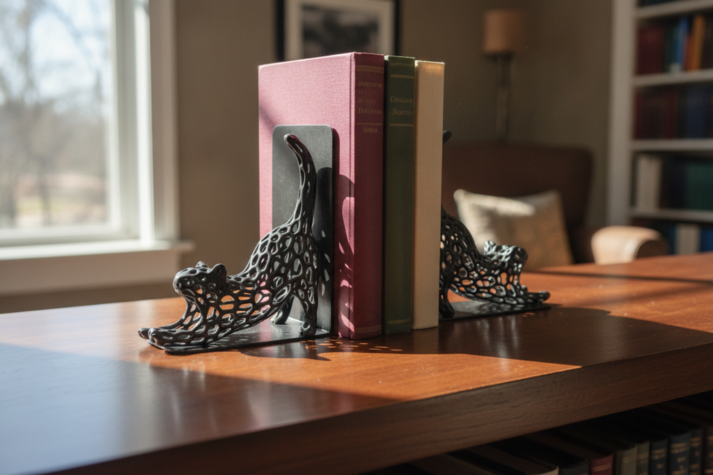 Pair of Aged Copper Voronoi cat bookends on dark wood bookshelf with books