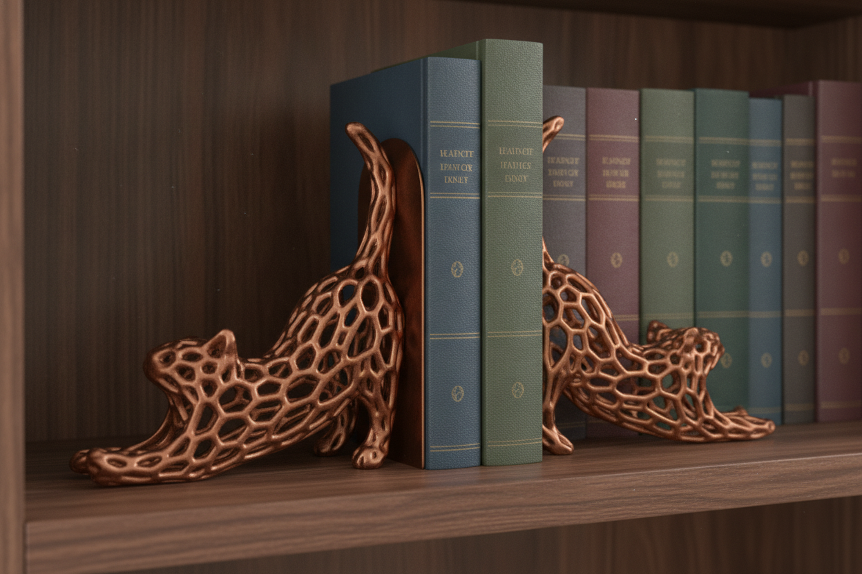 Close up of dark gunmetal Voronoi cat bookends on shelf