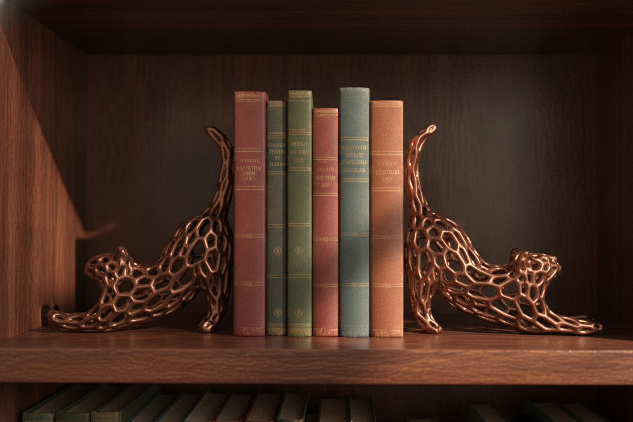 Foundry Black Voronoi cat bookends on bookshelf