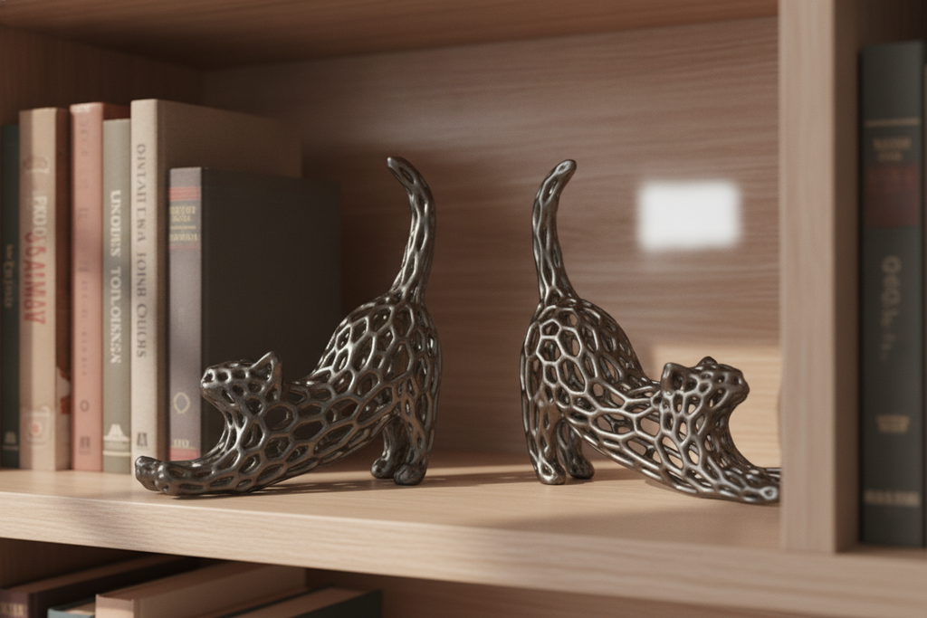 Voronoi cat bookends alternate colorway on shelf